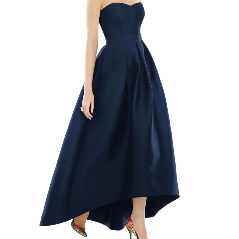 ALFRED SUNG
Strapless Satin High Low Dress with Pockets